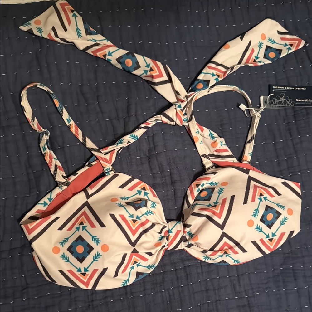 Cream and Orange Swim Bra with Geometric Pattern